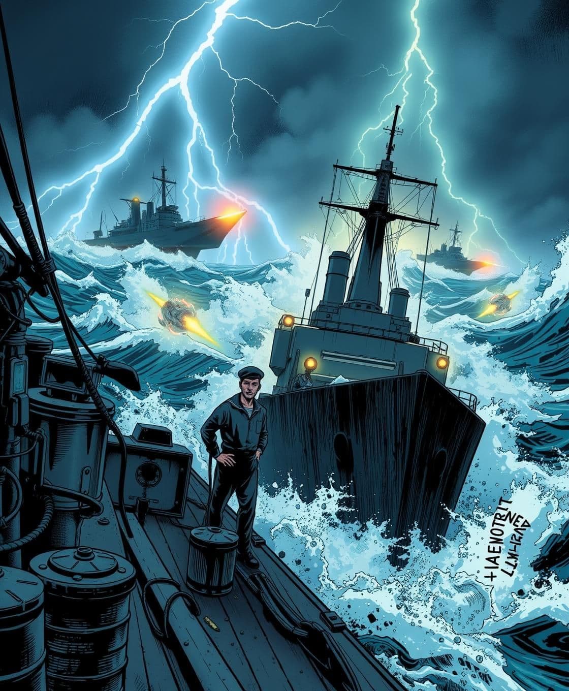 AI generated: A dramatic WWII naval ship scene during a violent storm, illustrated as a full storybook page in modern western comic graphic novel style. Adrian, a pale and tense sailor, stands a