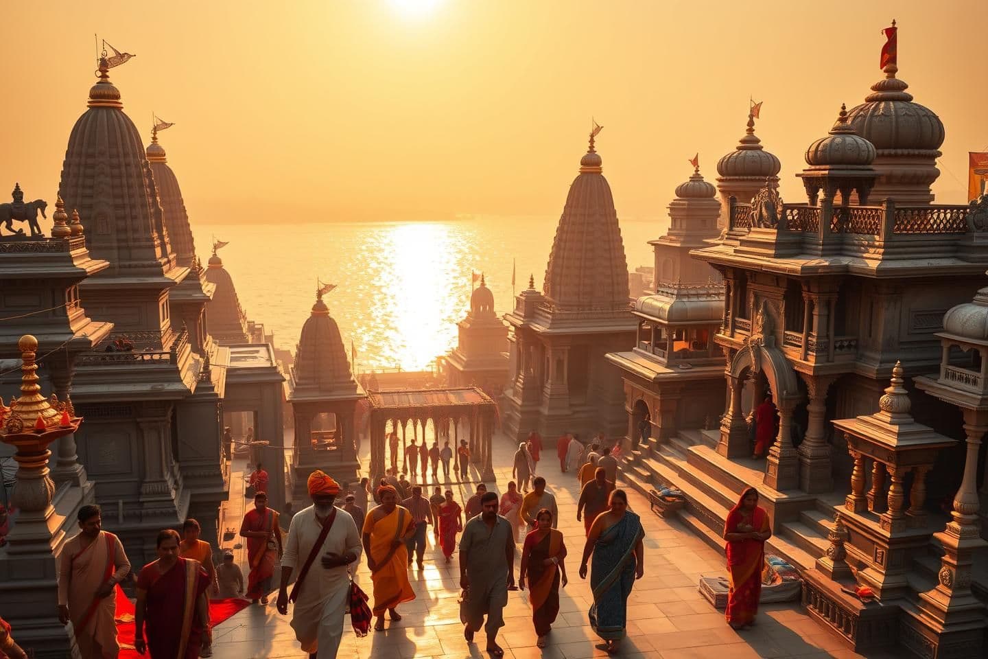 AI generated: A divine Indian scene showing sacred temple complexes of Kashi representing the Chaturdasha-ayatana, Ashta-ayatana, and Pancha-ayatana pilgrimage sites. Depict multiple authentic I