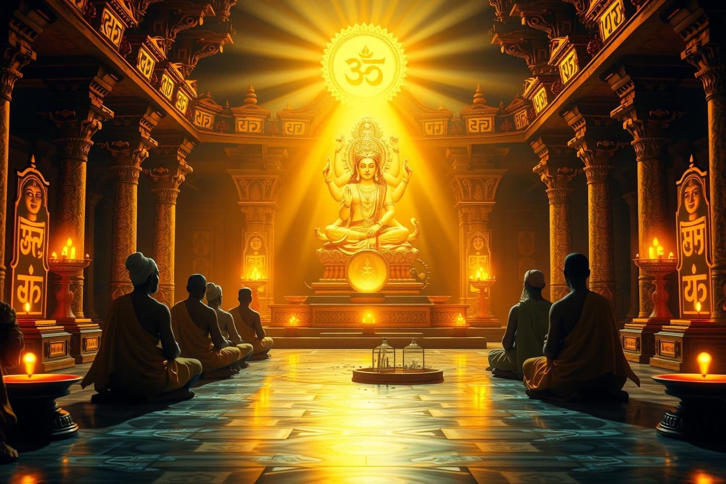 AI generated: A 16:9 divine and spiritual YouTube thumbnail showing a radiant temple scene filled with glowing Sanskrit symbols and golden energy waves. Ancient sages (Rishis) meditating in fron