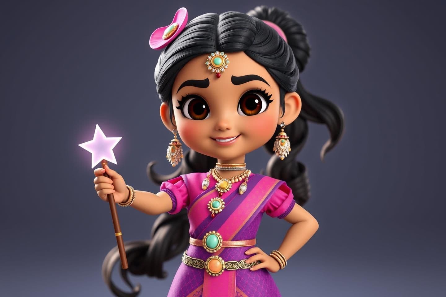 AI generated: A cute 3D Indian girl character looking like a little princess magician, wearing a beautiful pink and purple magical dress with traditional jewelry, long hair tied in a ponytail, h