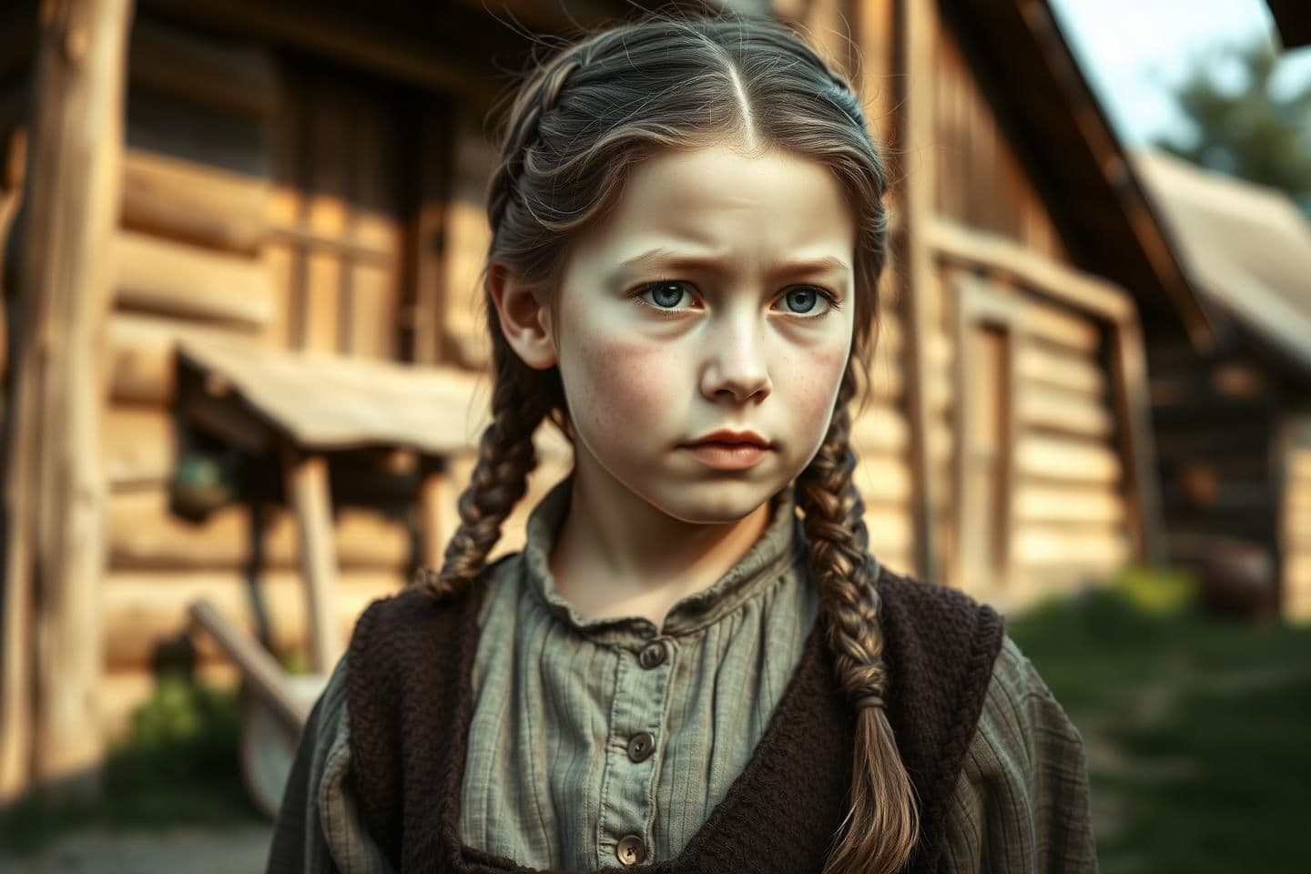 AI generated: A young Bulgarian girl in the 1920s countryside, representing a childhood version of Baba Vanga. She has soft Slavic features, simple rural clothing, braided hair and a gentle , in