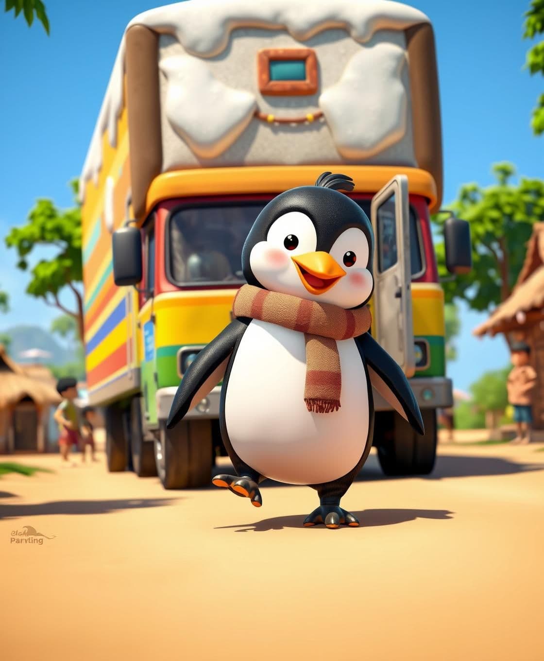 AI generated: 3D cartoonish rural Indian village street, small huts, dusty road, and trees. A big colorful ice truck with snow and frost on it stops in the middle of the road. Villagers watch cu