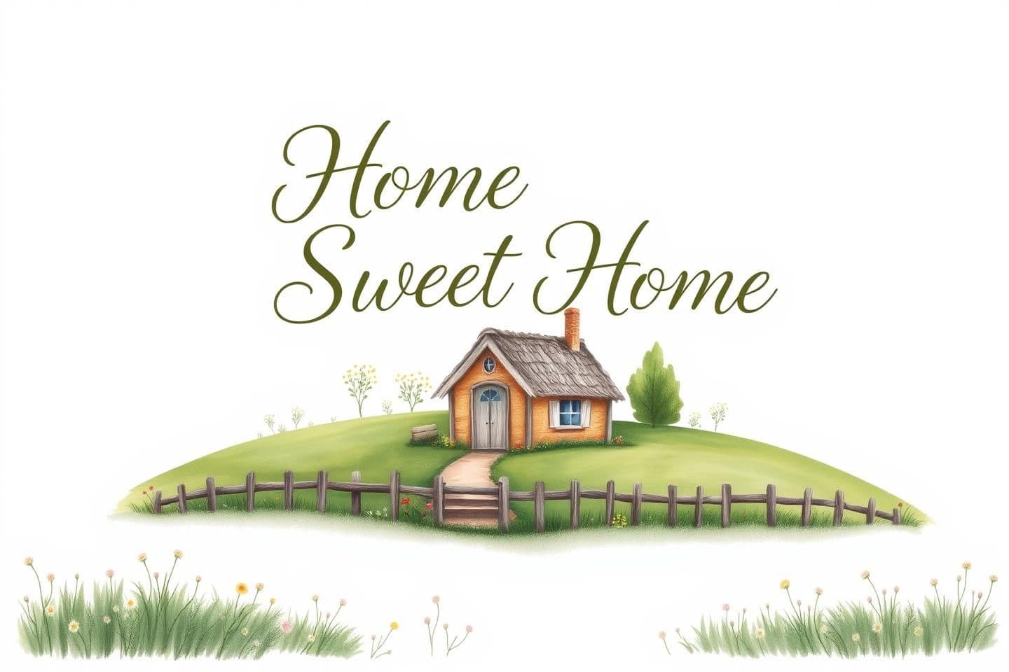 AI generated: A serene design capturing the essence of cottagecore with a whimsical touch, featuring a quaint, hand-painted country cottage surrounded by soft green fields and faded floral accen