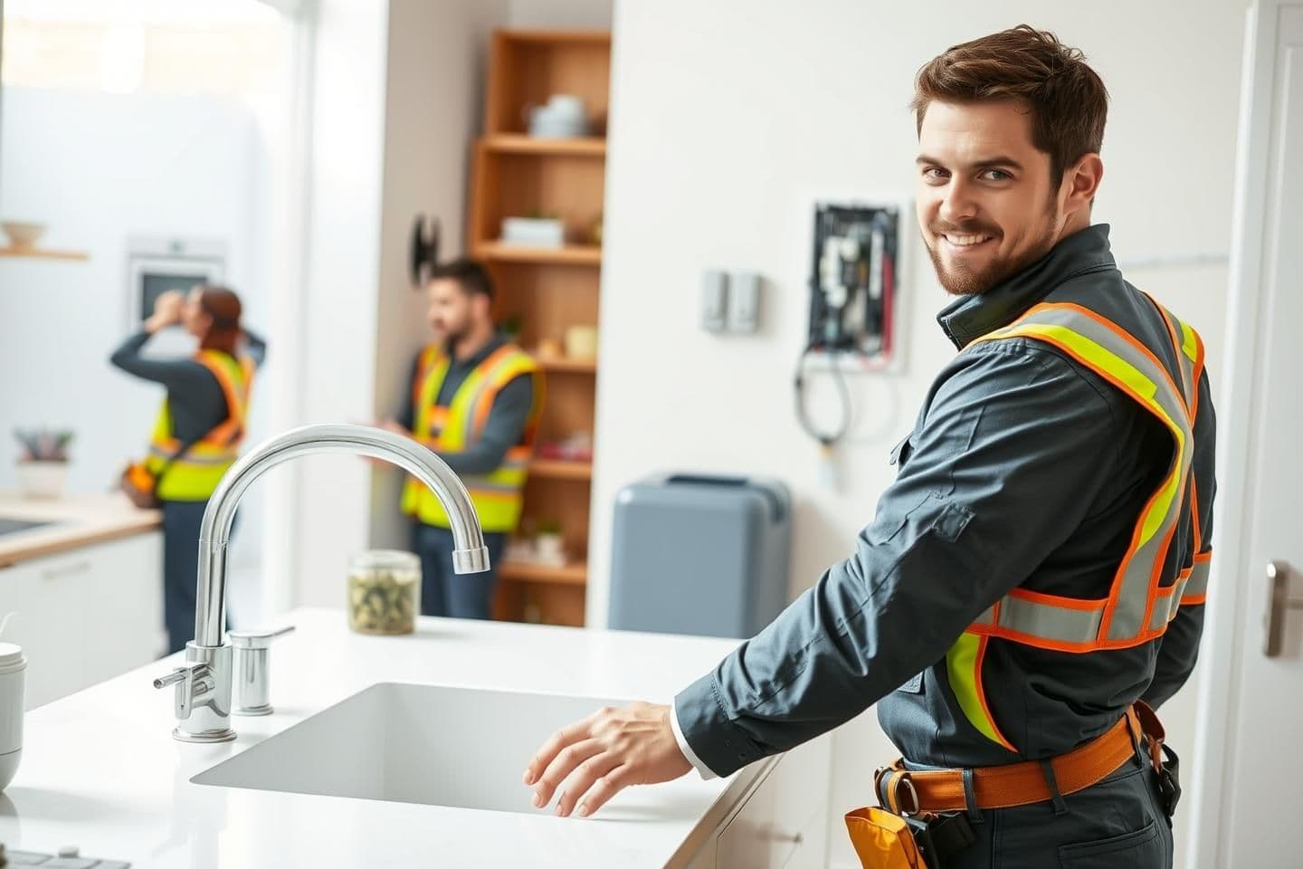 AI generated: A highly professional home-maintenance technician working inside a modern house, wearing clean uniform and safety tools. The technician is fixing a kitchen sink while another techn