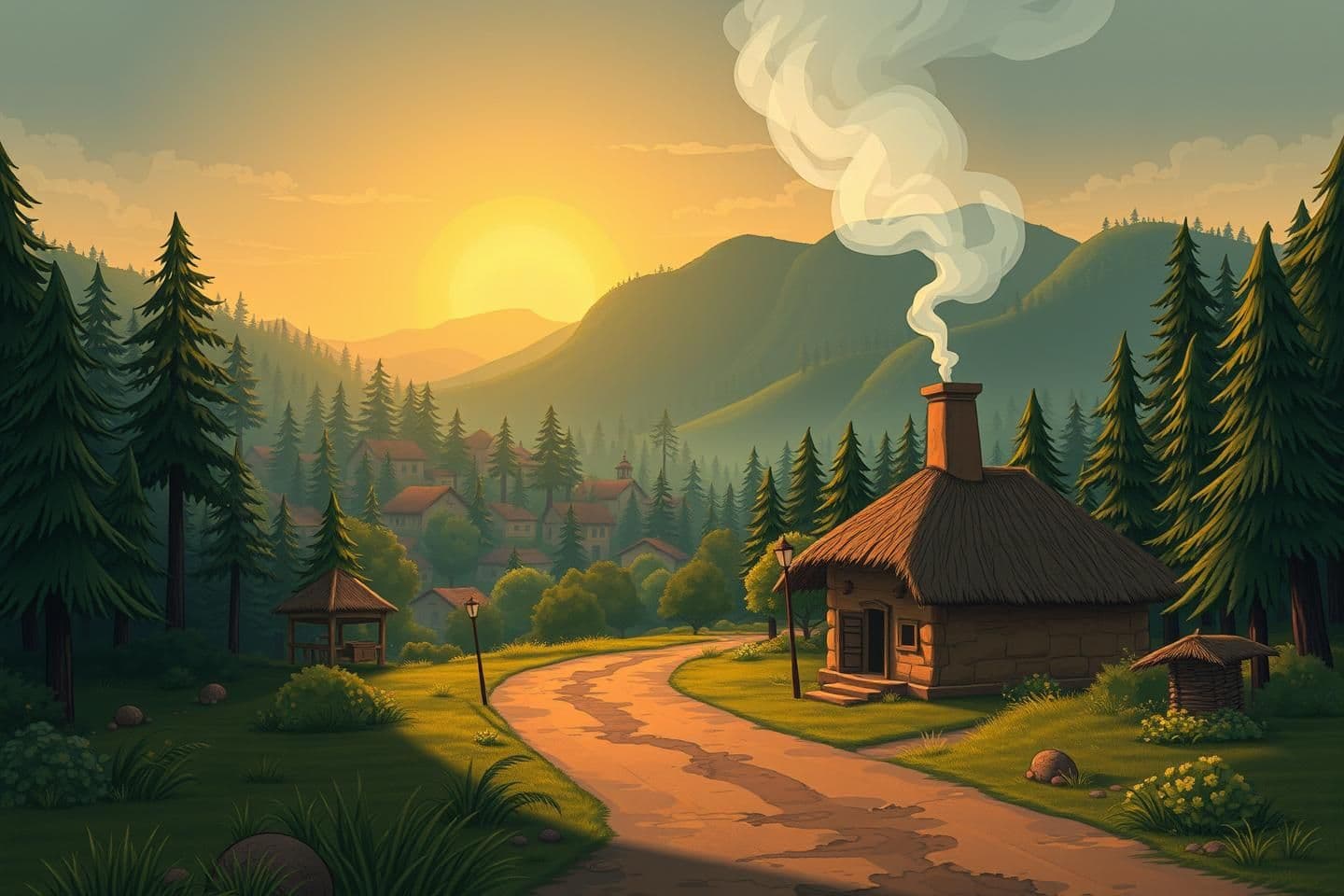 AI generated: Create a unique image for My yt channel on "cartoon stories" in indian design with the highlight text Scene 01 — A remote village between hills and forests (dawn).
Prompt: Wide est