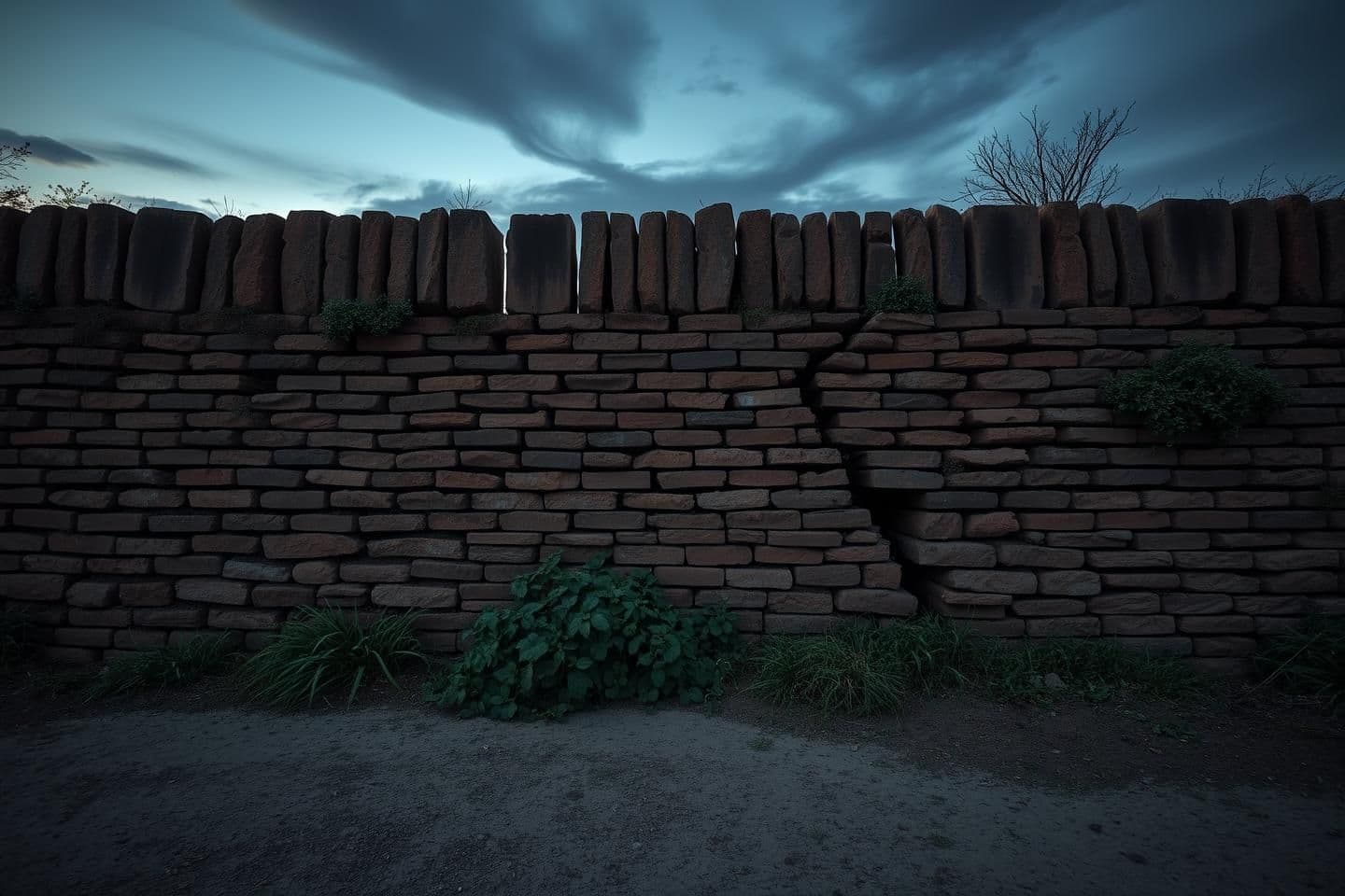 AI generated: create a front view image of olden days period traditional rock brick straight fencing wall with dark evening effect in which the walls had a large cracks and broken at some place