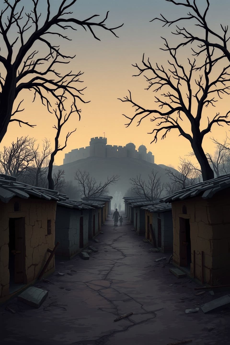 AI generated: A cartoon animation style scene of an abandoned village near Bhangarh Fort at dusk, small broken houses with cracked walls, empty doorways, dry trees without leaves, narrow pathway