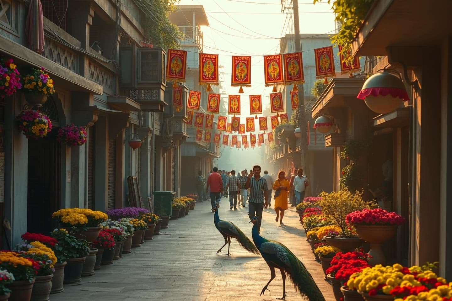 AI generated: “Cinematic shot of Vrindavan streets, soft golden sunlight, narrow lanes with colorful flowers, devotees walking, peacocks crossing the path, soft wind, light dust in the air, vibr