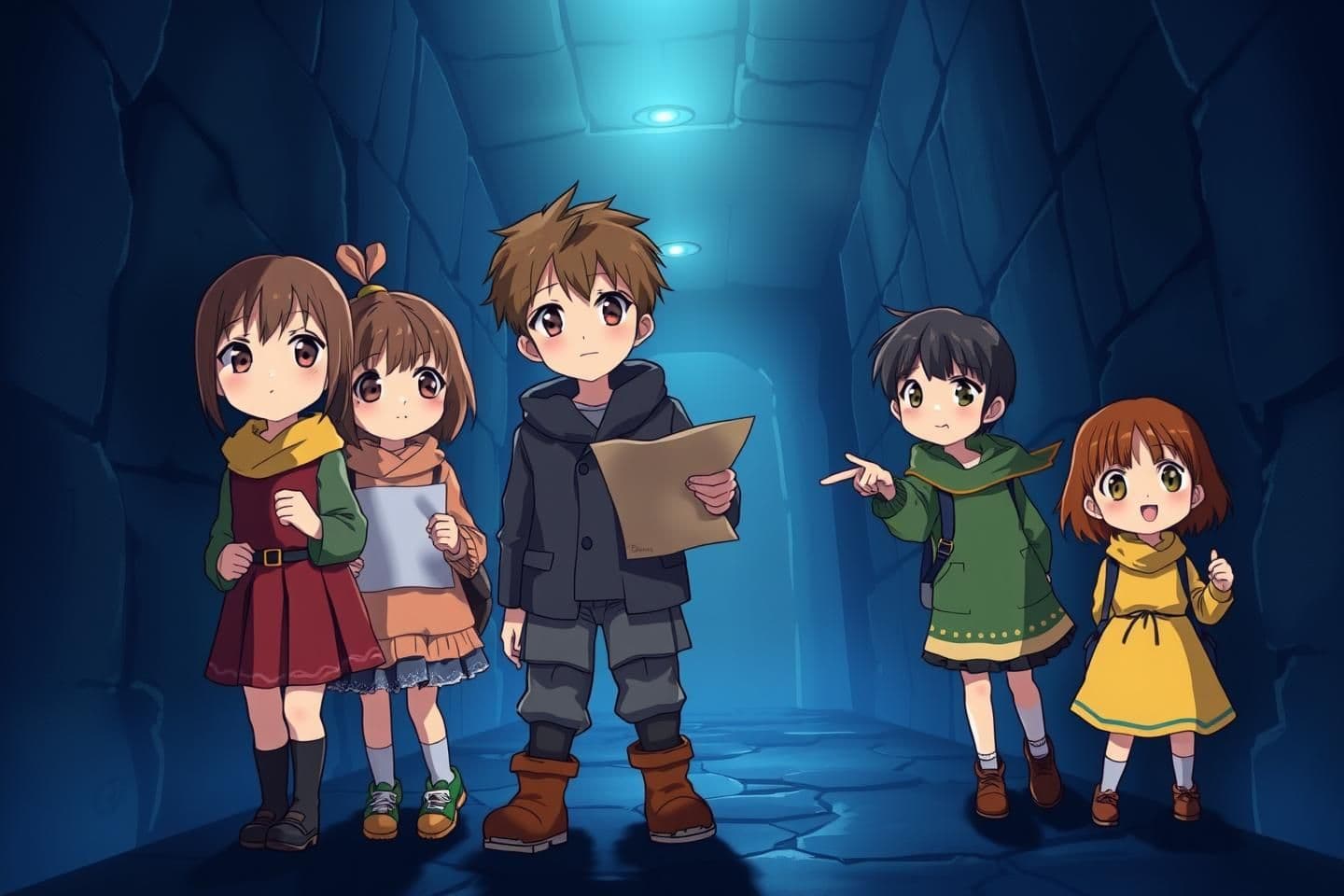 AI generated:
“A semi-realistic anime-style illustration with a dark-blue background.
There are 5 children total – 2 boys and 3 girls – all wearing new outfits different from previous chapters.