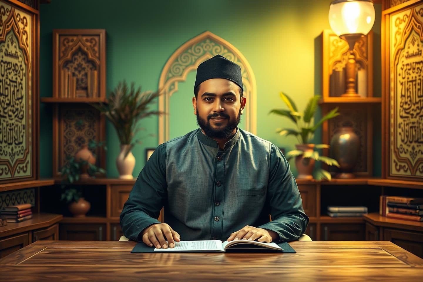 AI generated: “A young, well-groomed South Asian Islamic scholar sitting behind a wooden desk in a beautifully lit studio. Soft green and golden ambient lighting, Arabic calligraphy panels on bo