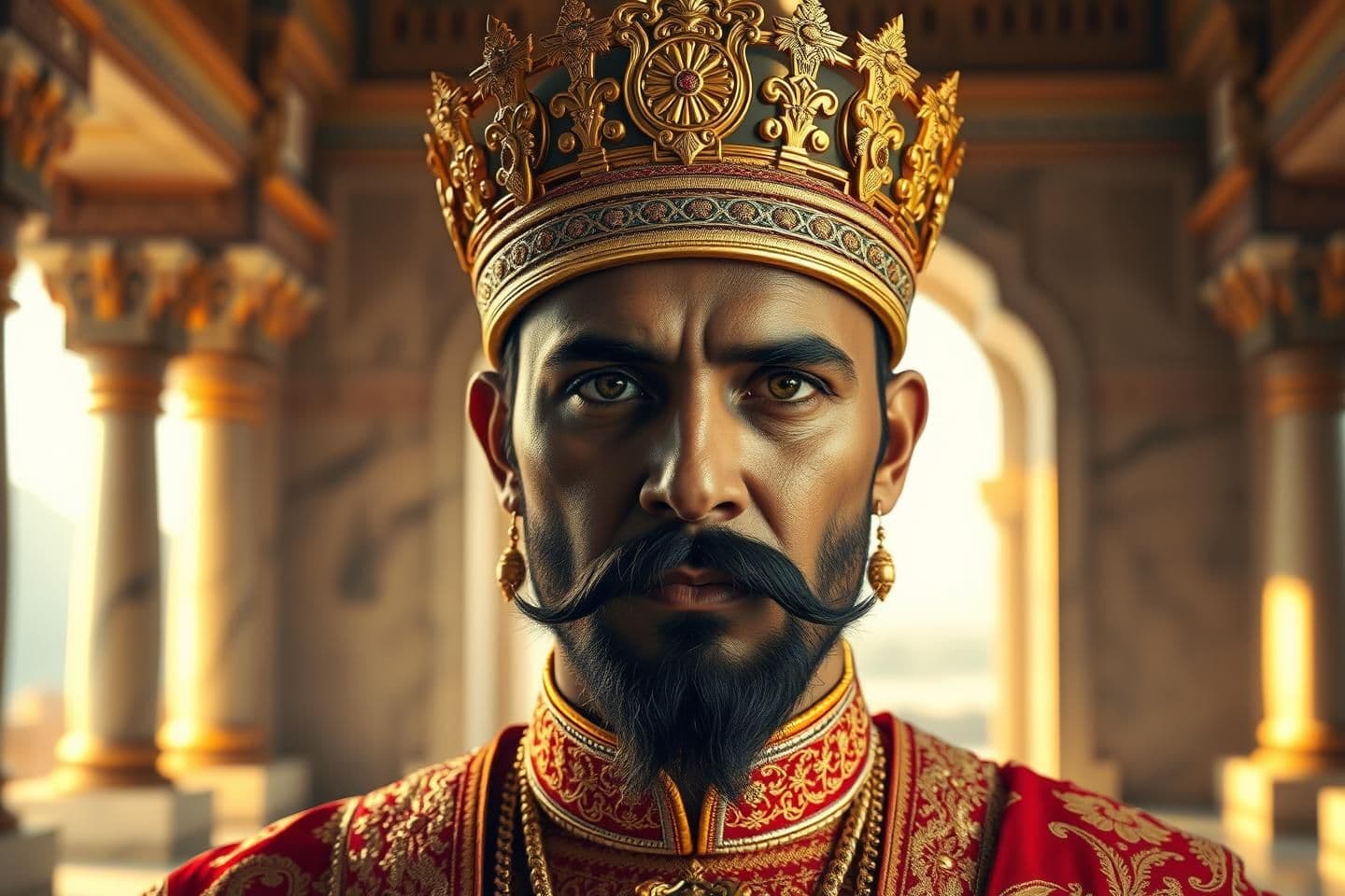AI generated: Hyper-realistic AI avatar of Mughal Emperor Akbar, royal and commanding presence, wearing an ornate golden Mughal crown, richly embroidered royal robes in red and gold, sharp intel