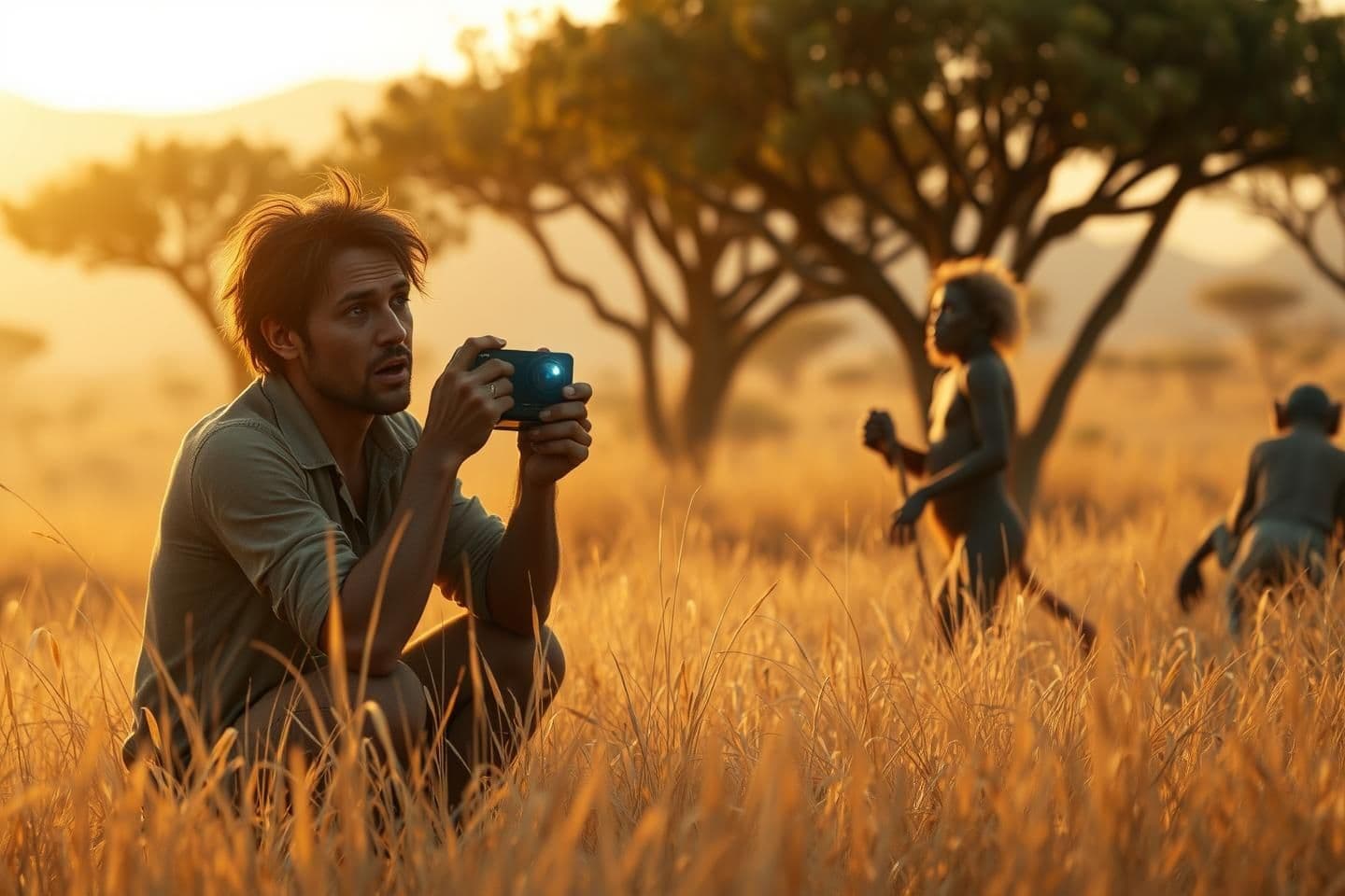 AI generated: {
"format": "16:9",
"style": "Hyper-realistic cinematic documentary frame, photorealistic 3D render",
"scene": {
"setting": "Ancient African savanna during golden hour wi