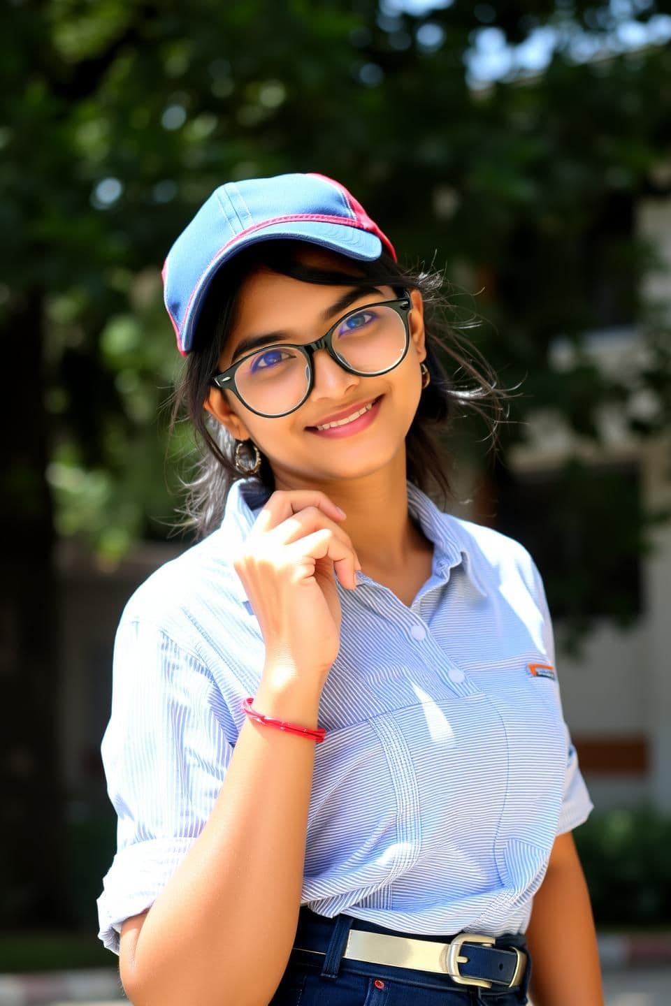 AI generated: A young woman, likely in her early eighteens , of Indian descent, is positioned slightly off-center in the frame, facing the viewer with a subtle smile. She is looking directly int