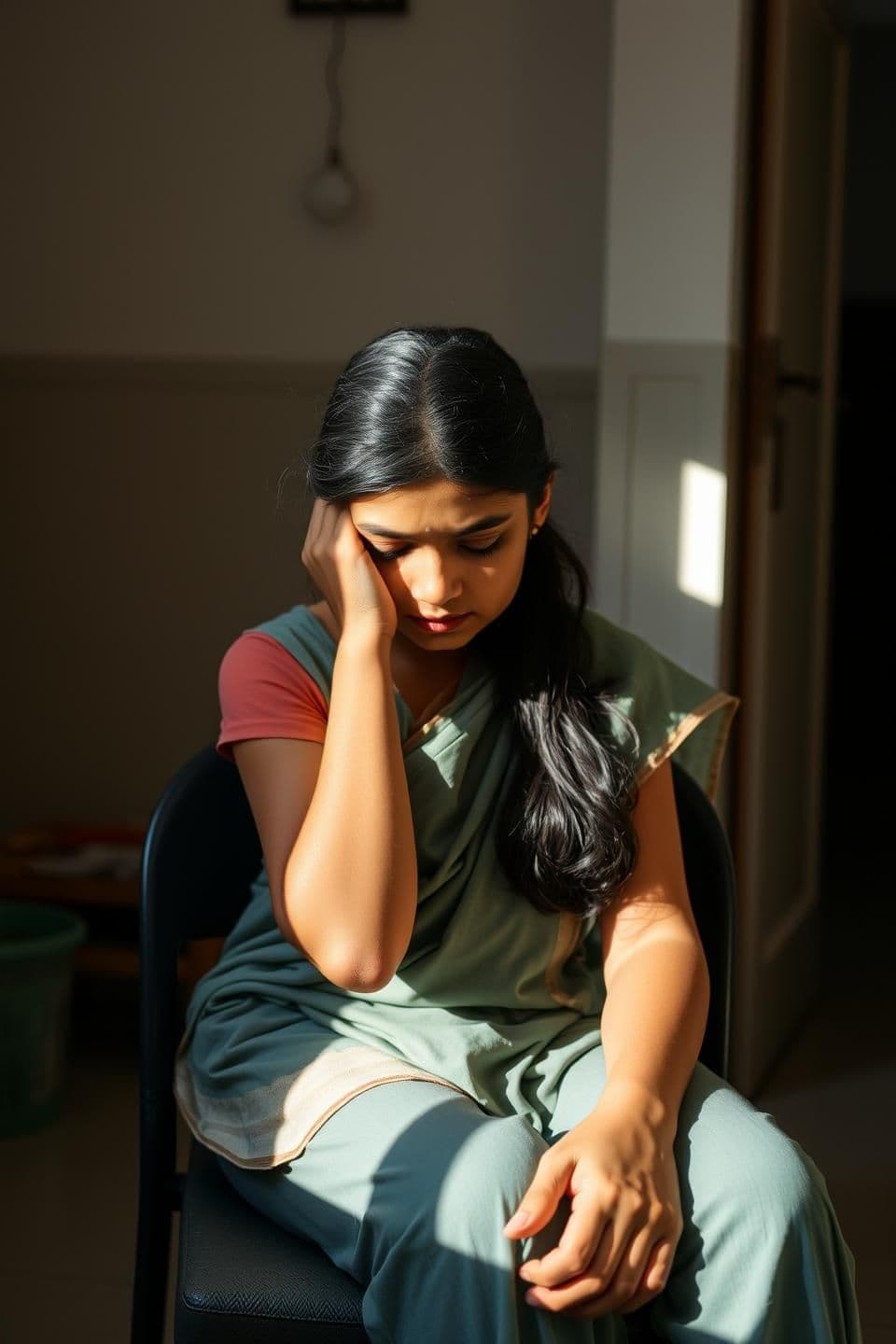 AI generated: Meera is sitting quietly, stressed about her college work. A young Indian girl sitting on a chair in a simple home interior, looking down with worry on her face. Natural morning li