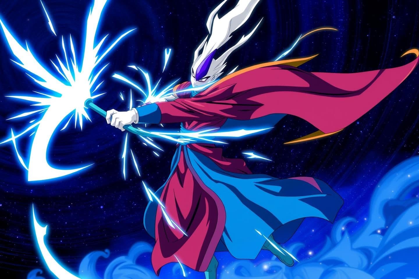 AI generated: Whis from Dragon Ball super, alone in a cosmic battlefield, unleashing a full-force scythe swing. His maroon and blue robe flares dramatically as he channels divine energy. The glo