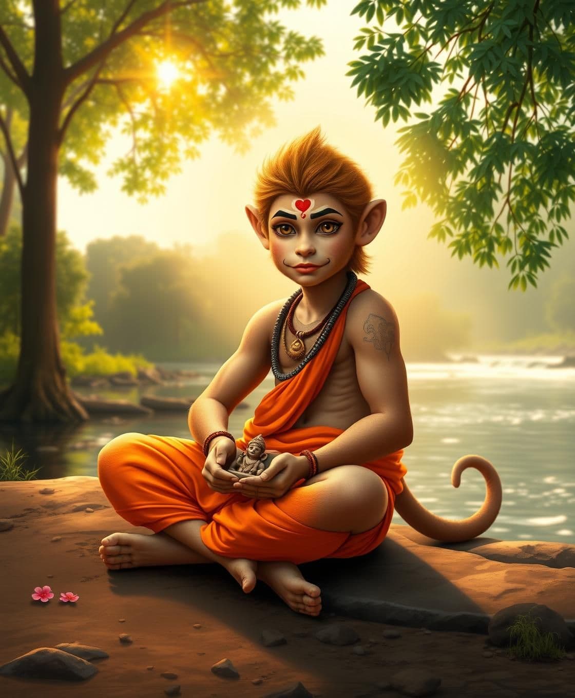 AI generated: Image Prompt (Text-to-Image):
A 12-year-old Bal Hanuman in monkey form sitting near a calm riverside in a forest morning.
Hanuman’s height is 3.5 feet, strong athletic build, golde