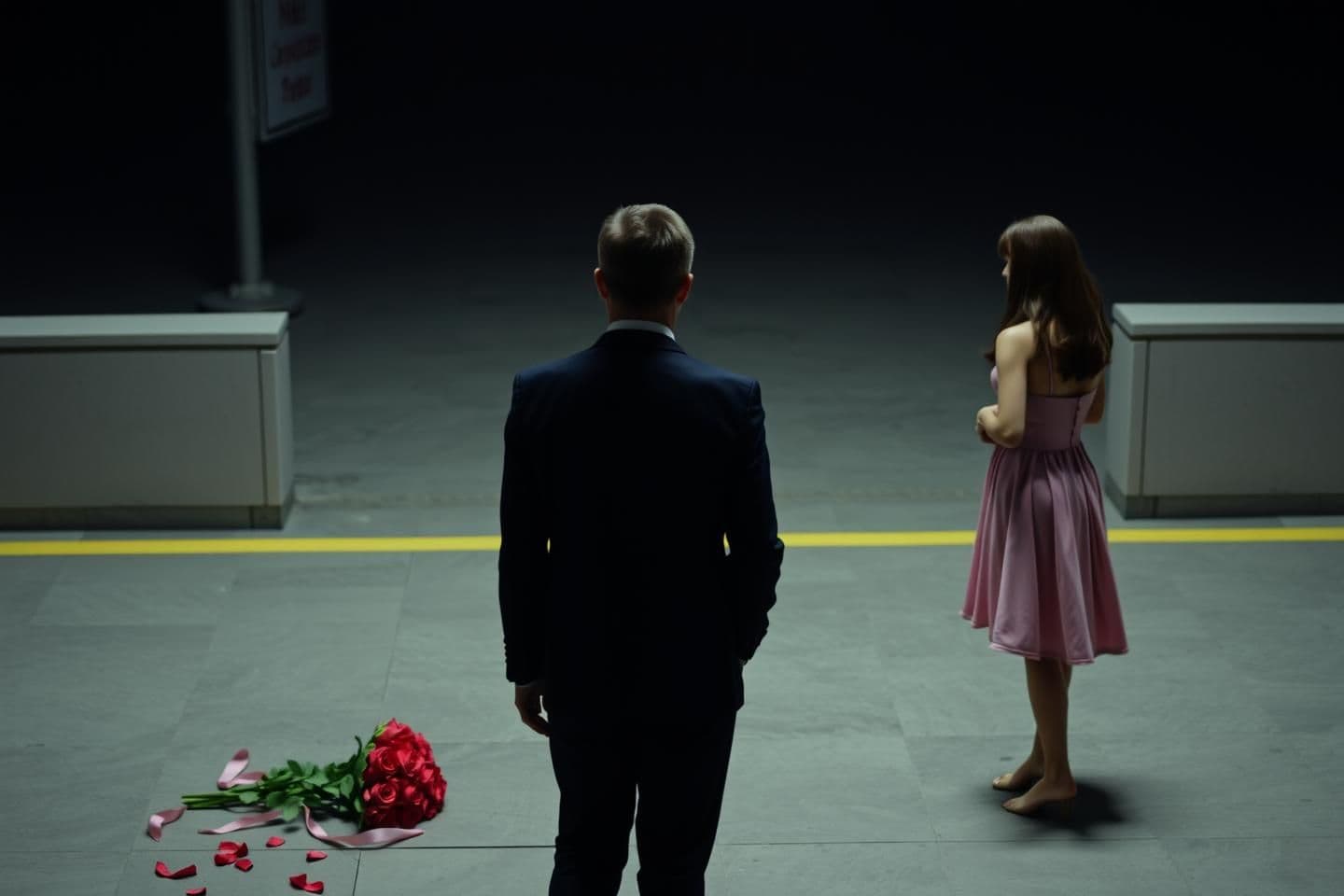 AI generated: Scene ( the girl is leaving and man is standing roses bouquet on the floor)
Emotion (heartbroken )
Dress code (man is wearing black suit and girl is wearing a pink dress)
Weather