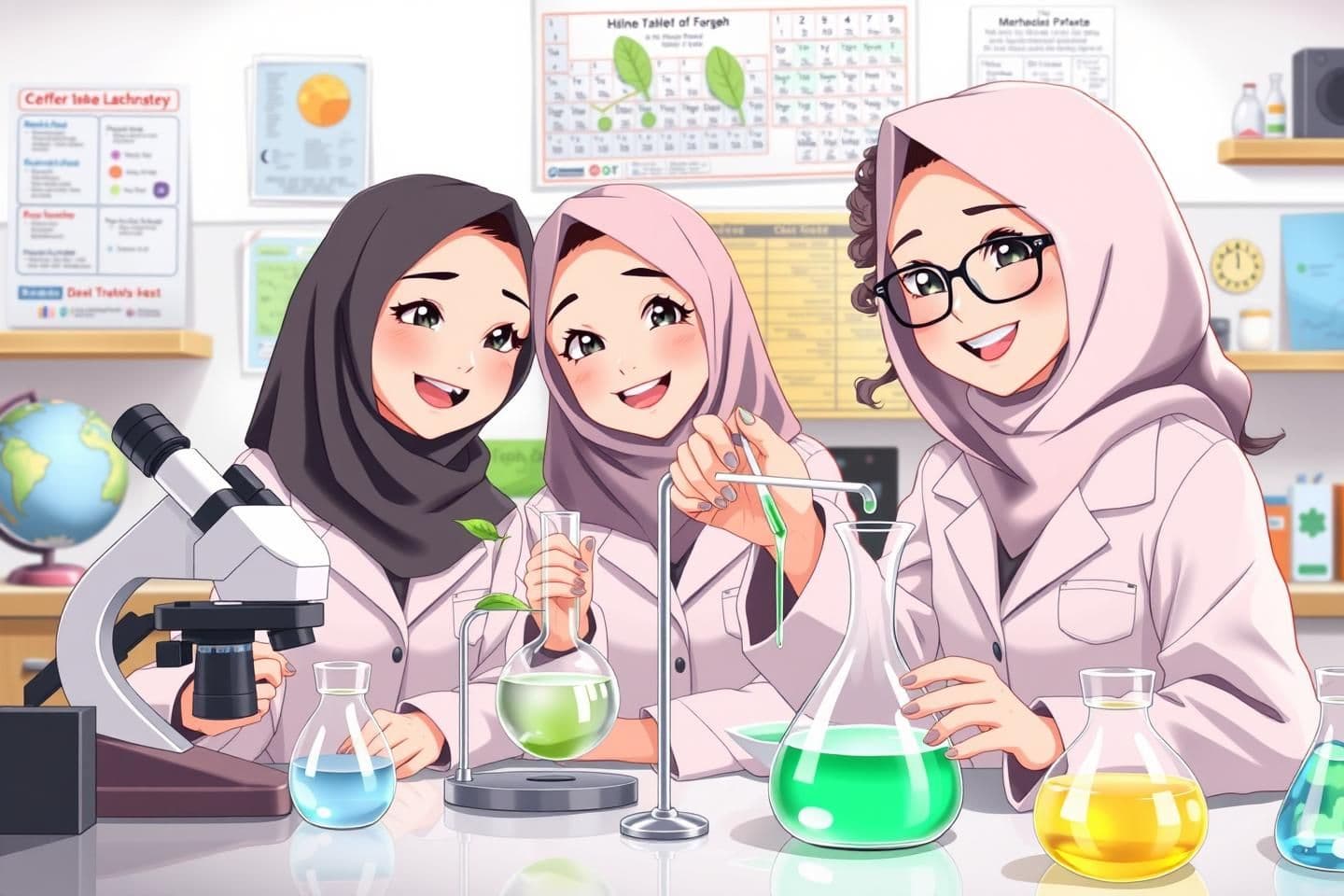 AI generated: Three female students wearing school hijabs and school coats in a science laboratory, smiling happily. The student on the right has curly hair partially visible from her hijab, gla