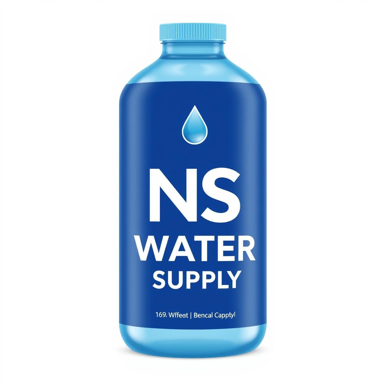 AI generated: Design a premium 16:9 water bottle label for the brand “NS WATER SUPPLY”.
The design must be suitable for a ROUND BOTTLE.
Style:
- Clean, modern, minimalistic
- Light blue + white