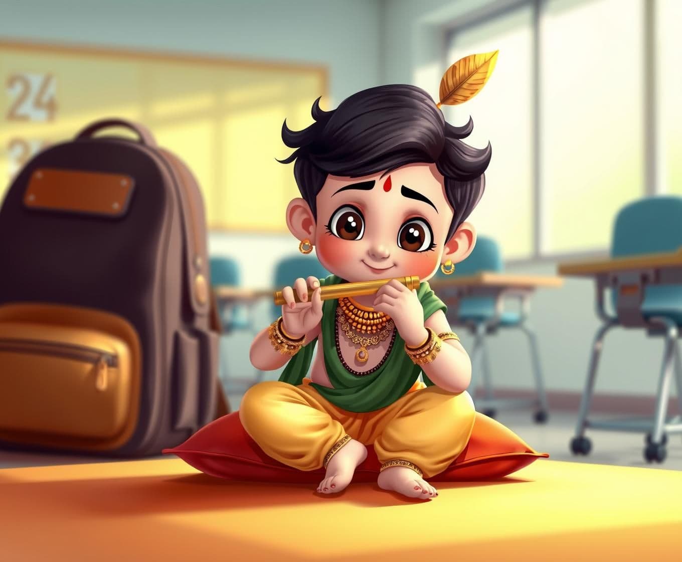 AI generated: A stylized, cartoon-like representation of a young Indian boy, likely Krishna, is seated on a soft orange cushion, center in the frame. He's fair-skinned, with large, expressive ey