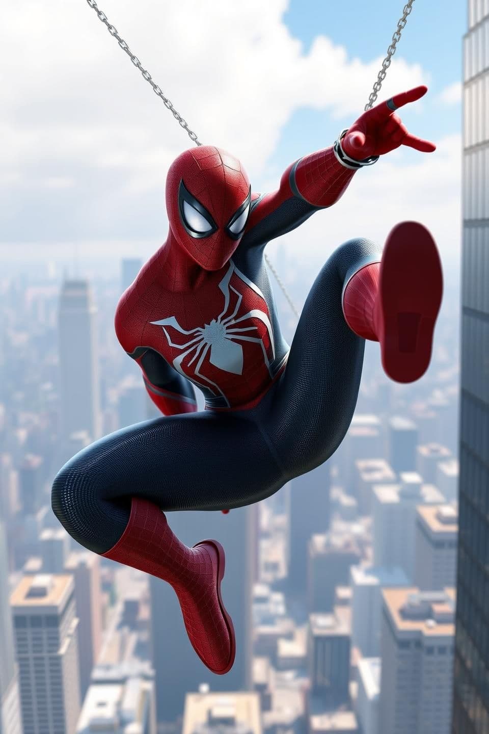 AI generated: 🟥 Scene 2 — Spider-Man ka Entry
Prompt (Hindi): “3D Spider-Man high-speed mein skyscrapers ke beech swing karte hue, uski suit par glossy reflections, New York skyline background