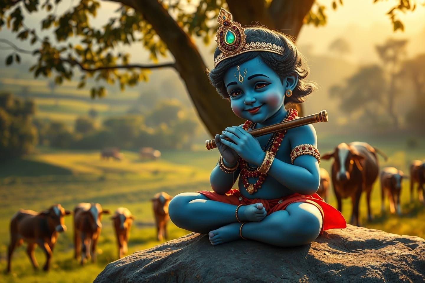 AI generated: A breathtaking ultra-realistic cinematic scene of little baby Krishna (Bal Krishna), around 5-6 years old, blue-skinned, sitting cross-legged on a large smooth rock in Vrindavan, p
