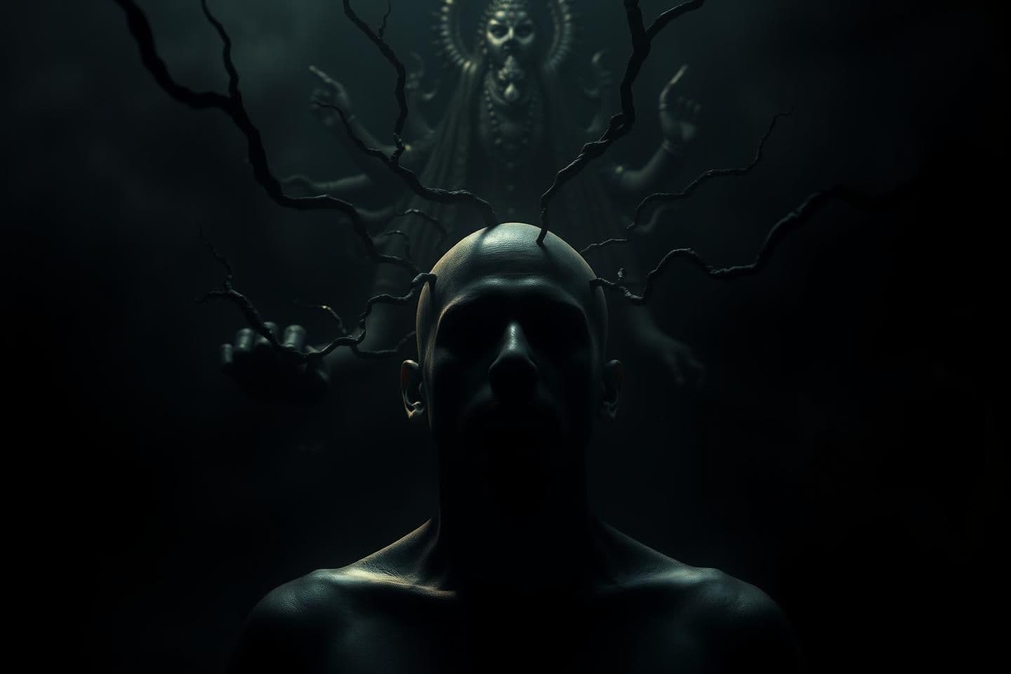 AI generated: Show a human surrounded by rapidly deepening darkness inside his mind, shadows expanding like ink in water. Dark tendrils wrapping around his thoughts, forming cracks of despair an