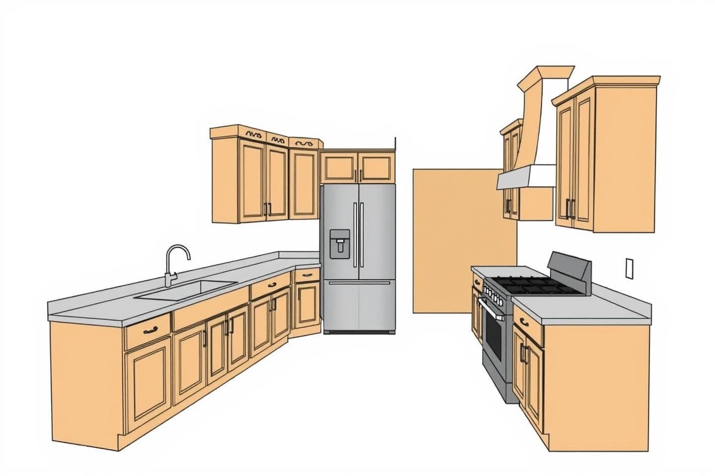 AI generated: L-shaped layout for 17x12.5dimensions with countertop, slabs, cabinets and closets
Description: This layout uses two adjacent walls, leaving the other two walls open for a dining