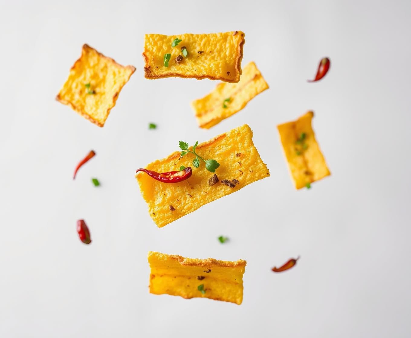 AI generated: "A photograph of beatroot chips floating against a light grey background. The chips should be rectangular, showcasing various shades of lightly and deeply toasted color to emphasiz