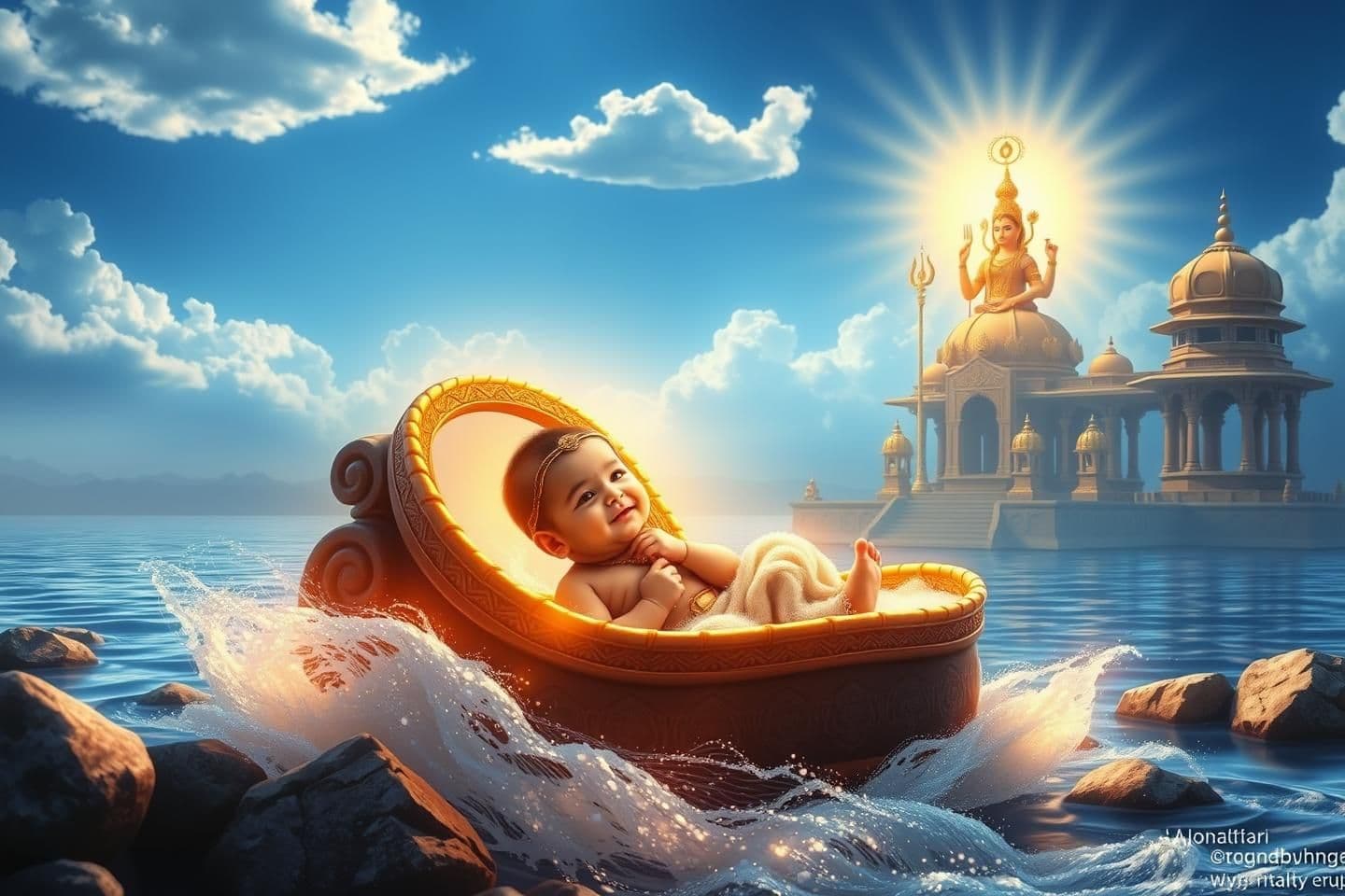 AI generated: Create a 16:9 high-resolution YouTube thumbnail for “Bhishma Pitamah Janma Katha”. Show baby Devavrata (infant Bhishma) in a divine and glowing cradle near the sacred Ganga River.