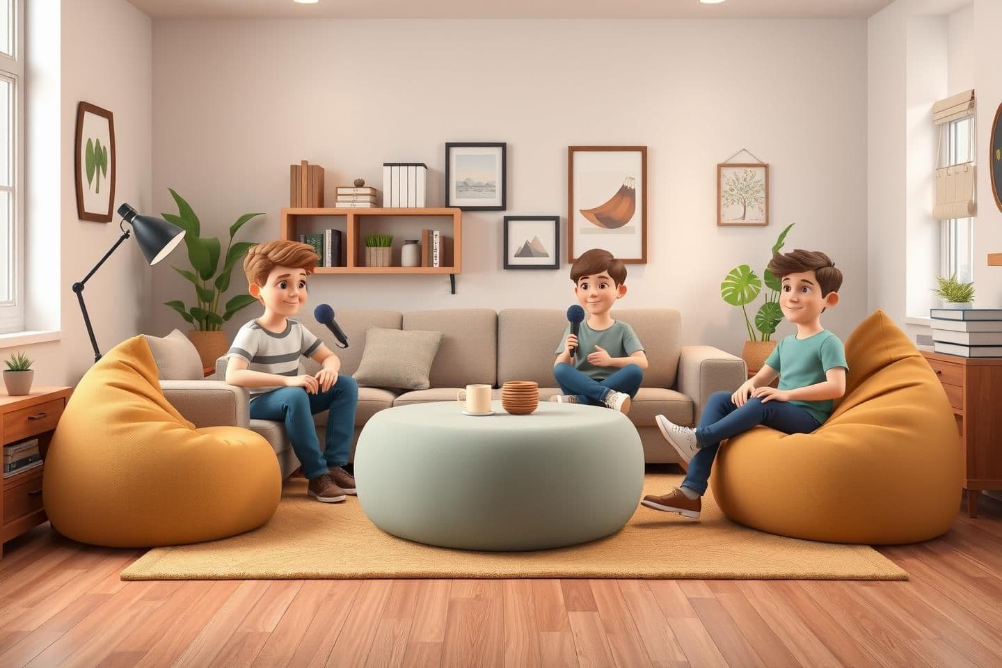 AI generated: create an image of a podcast room similar like a scandanavian cozy living room in 3d cartoon style. 2 boys sitting on a sofa and other two on 2 bean bags. use the uploaded image as