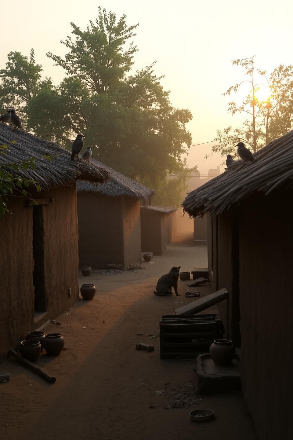 AI generated: "Peaceful early morning in an Indian rural village, soft golden sunlight, mud houses with thatched roofs, light mist in the air, clay pots near the walls, wooden charpai, narrow du