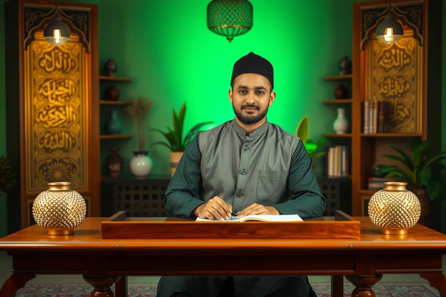 AI generated: “A young, well-groomed South Asian Islamic scholar sitting behind a wooden desk in a beautifully lit studio. Soft green and golden ambient lighting, Arabic calligraphy panels on bo