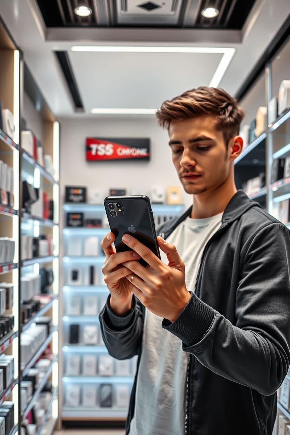 AI generated: "A 22-25 year old young man standing straight inside a modern mobile phone store, holding a sleek smartphone in both hands and attentively examining it, he slowly rotates the phone