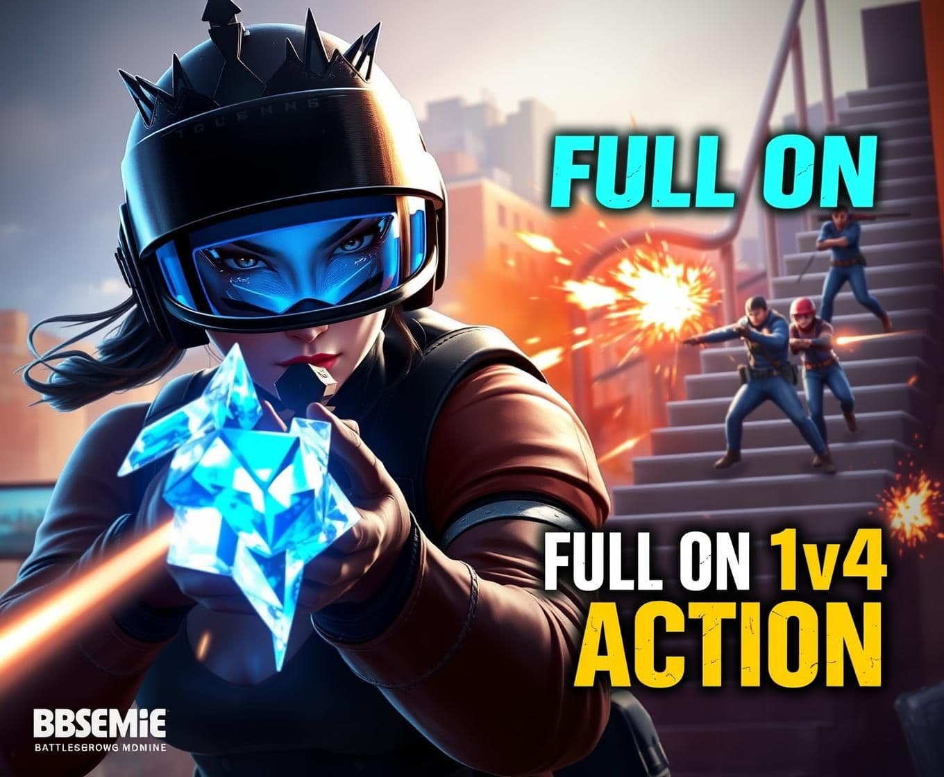 AI generated: “High-detail Battlegrounds Mobile India (BGMI) thumbnail featuring a female character wearing a futuristic black combat helmet with a crown, glowing blue aura, and holding an icy c