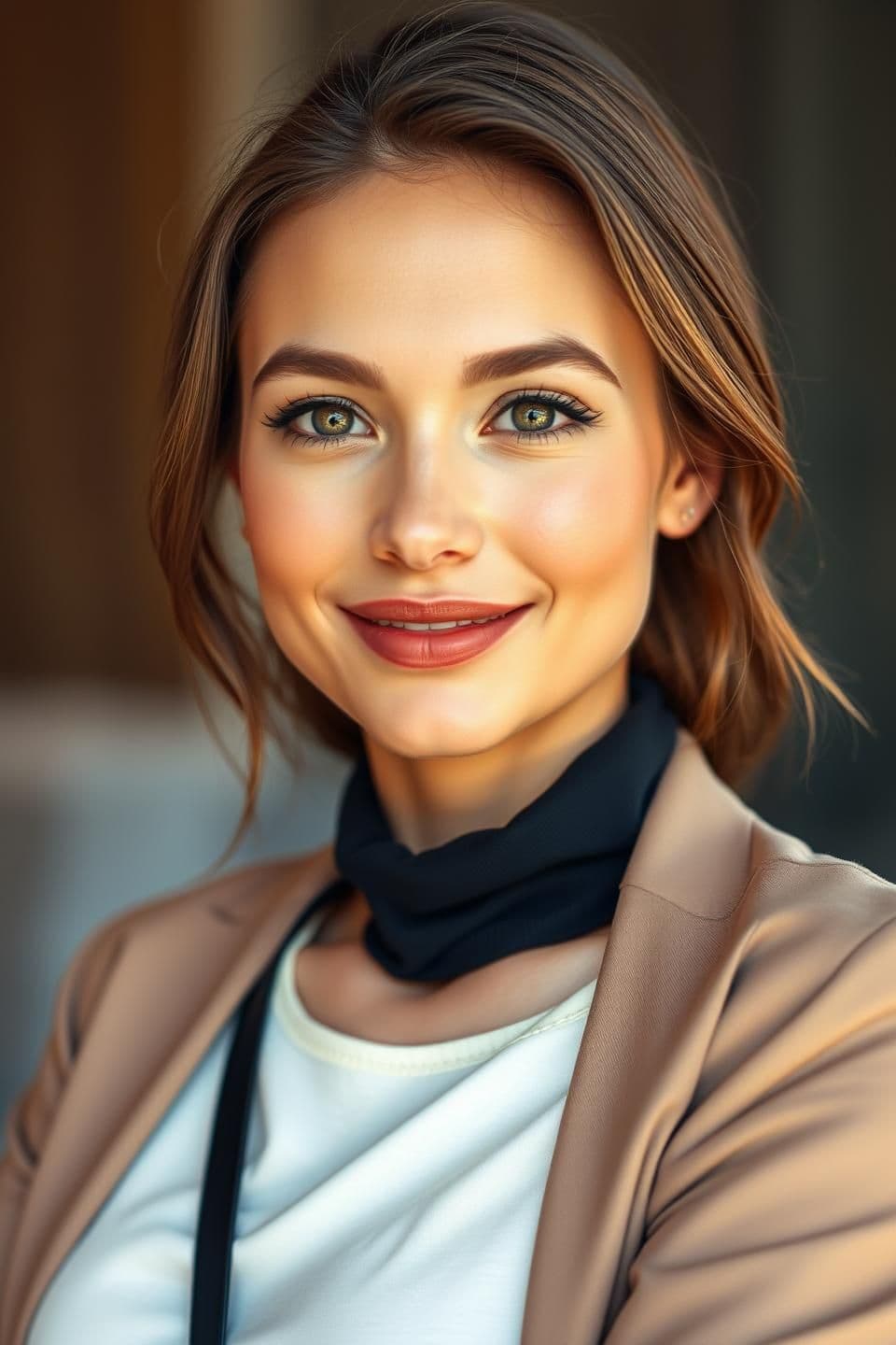 AI generated: A beautiful 25-year-old woman with a natural, elegant appearance. She has expressive eyes, soft facial features, and a confident, warm smile. Her skin looks healthy and radiant, wi
