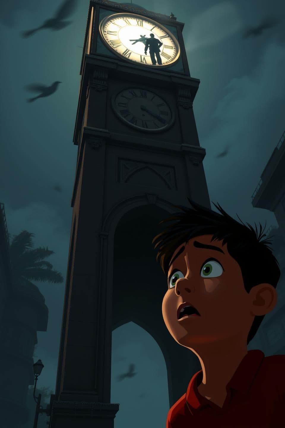 AI generated: A tense horror moment beneath an old Indian clock tower at midnight, 3D cartoon horror style. An Indian boy suddenly looking up in fear, eyes widened, mouth slightly open. High abo