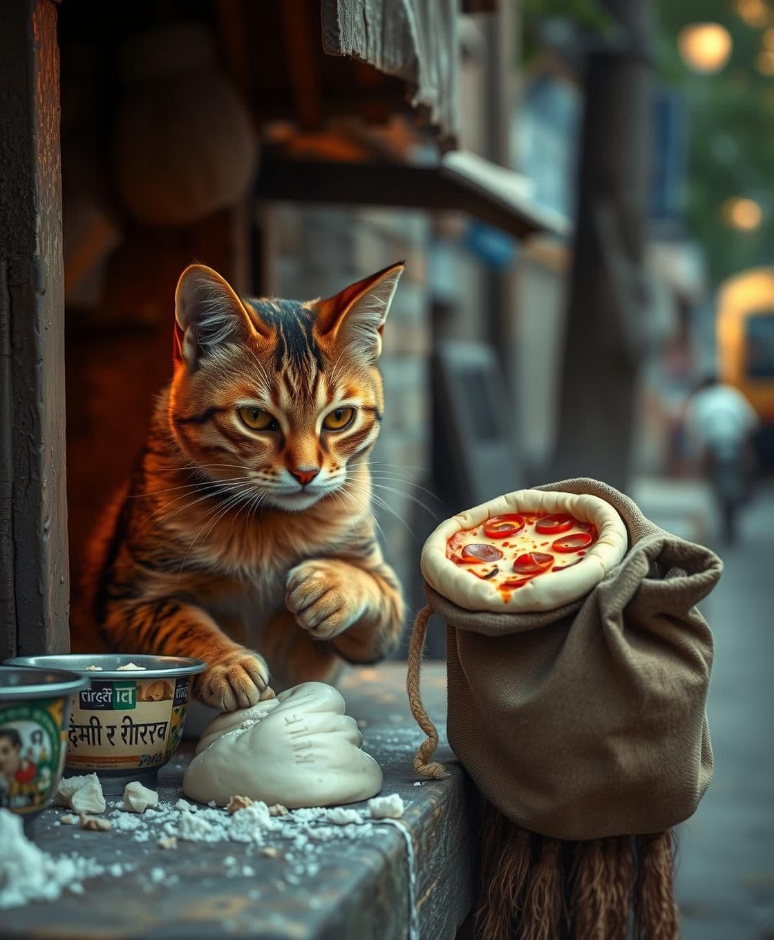 AI generated: The determined cat working hard in a small roadside stall, kneading pizza dough with tiny paws. Later, the cat places a freshly baked mini pizza on her own back with bag and walks