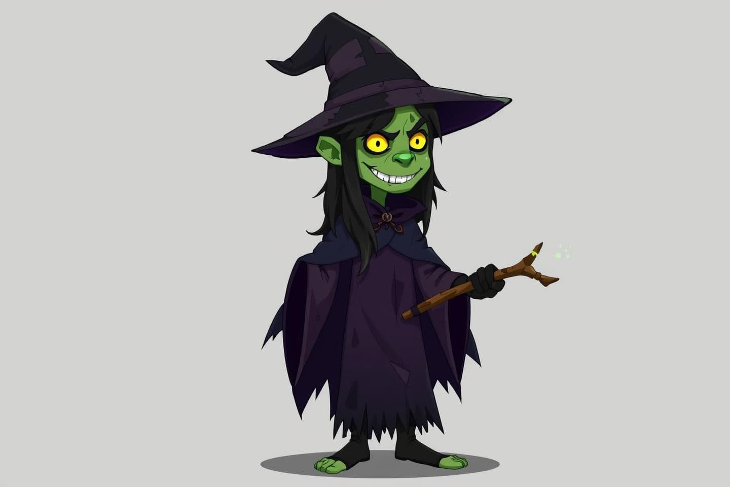 AI generated:
Full-body 2D scary witch character, cartoon style. Pale green skin, tall and thin body, long messy black hair, glowing yellow eyes, sharp crooked nose, pointed chin, dark eye circ