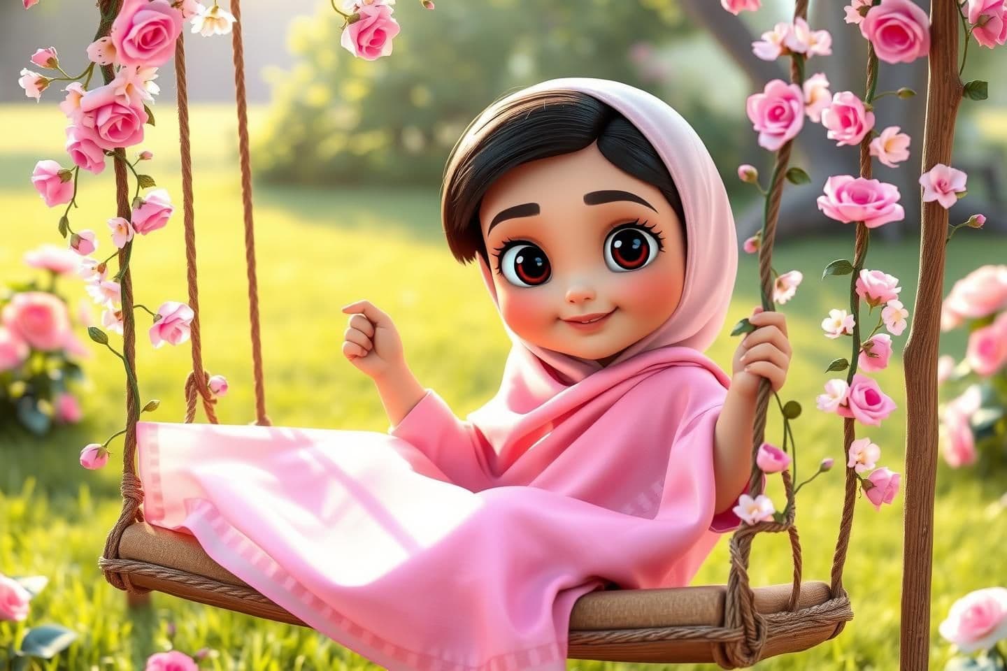 AI generated: Subject: A beautiful 13-year-old Muslim girl with big expressive eyes, wearing a modest and colorful pastel silk Saree. She looks elegant and cute.
Action: She is sitting on a swin
