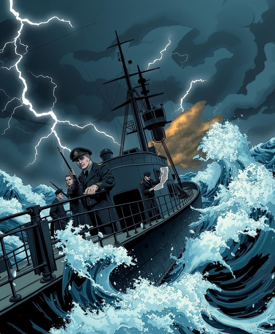AI generated: A stormy sea scene with a 1940s military ship (the Belvaria) being hit by huge waves. Lightning flashes across dark, swirling clouds. Captain Adrian is shown on deck, looking tense