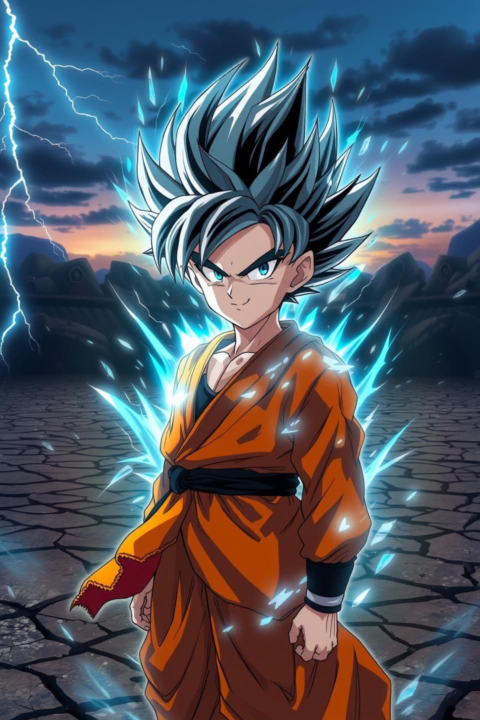 AI generated: Young warrior resembling goten from dragon ball super with spiky black hair and silver-blue aura, glowing eyes, torn orange gi, cracked arena, dramatic lighting — mid-transformati