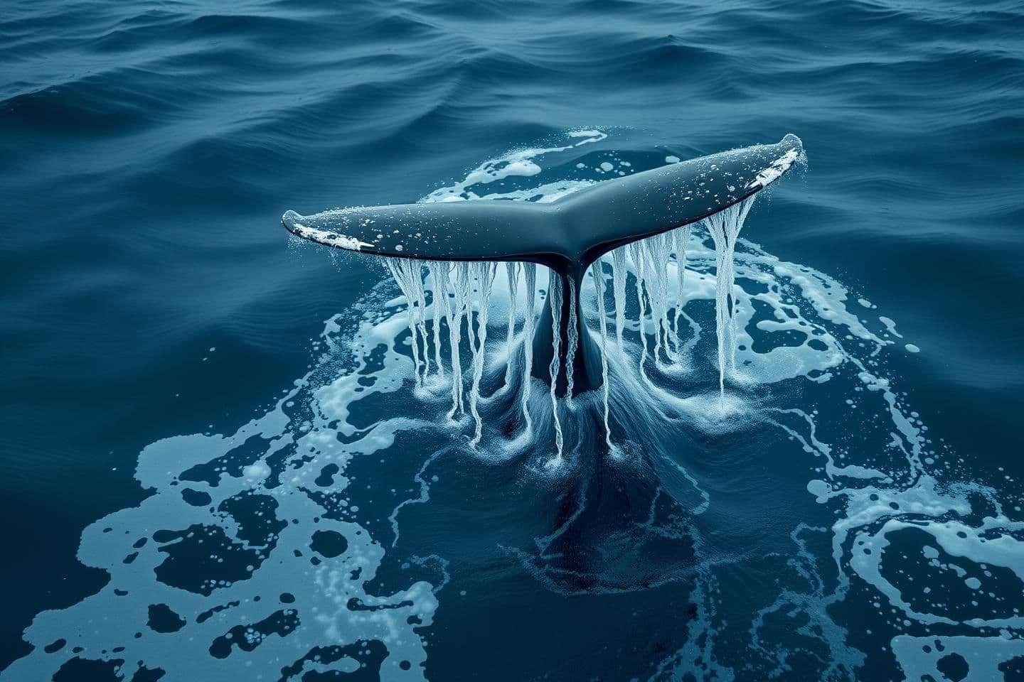 AI generated: A photorealistic, cinematic wildlife photograph of a humpback whale's tail fluke breaking the surface of a dark, moody ocean. Streams of water are cascading off the trailing edge o