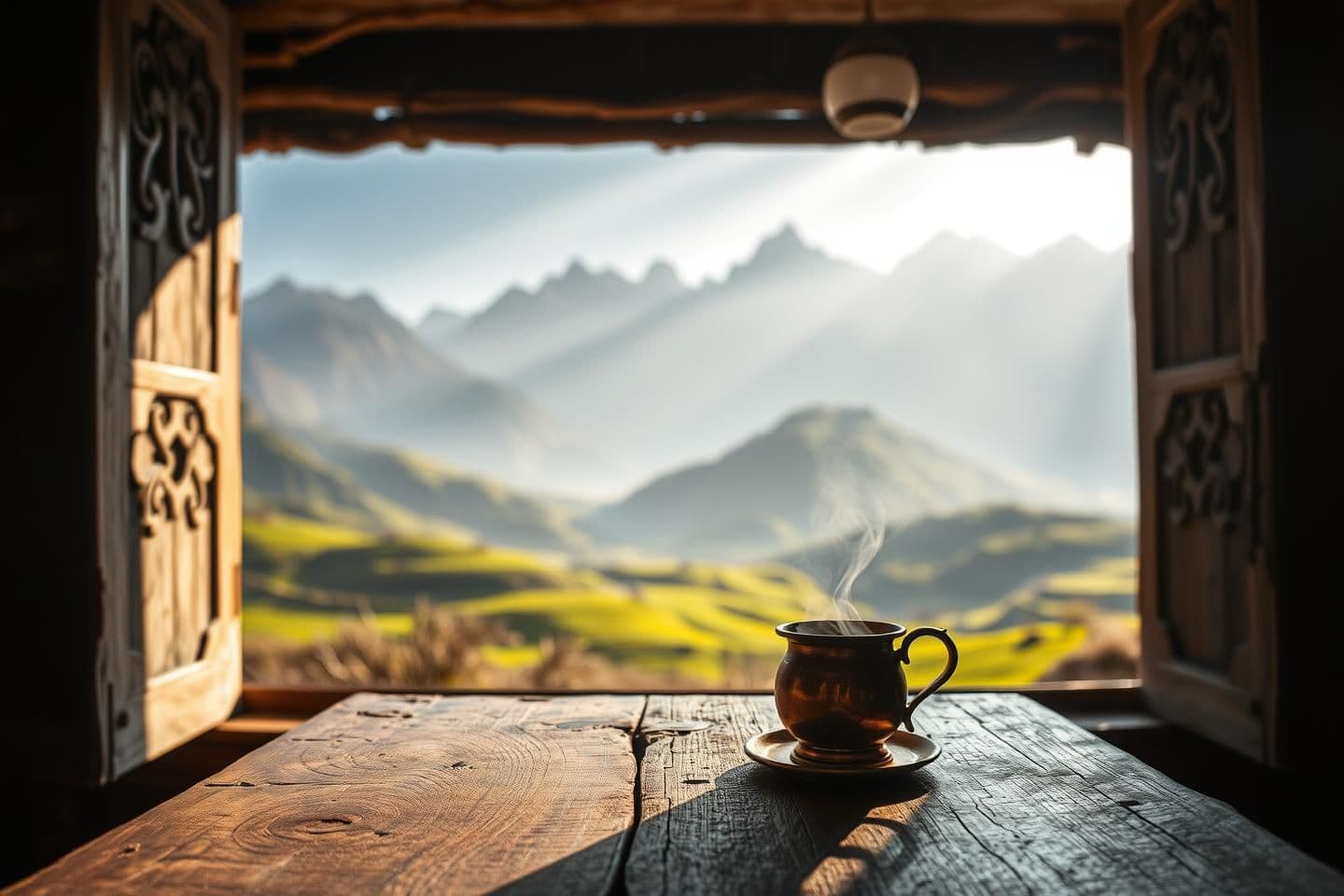 AI generated: POV shot from inside a rustic Tibetan home looking out a carved wooden window frame. In the immediate foreground, a weathered wooden table with a steaming copper cup of butter tea