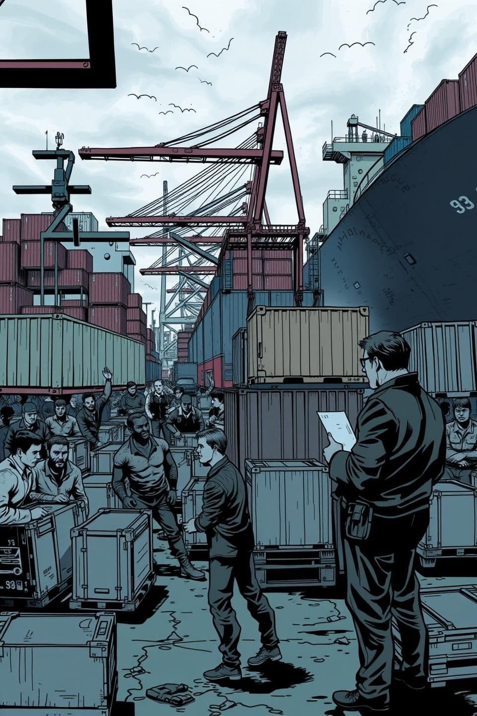 AI generated: A tense and gritty comic-style scene set at a bustling harbor dock. The illustration shows workers unloading crates from ships while supervisors stand by, barking orders. The worke
