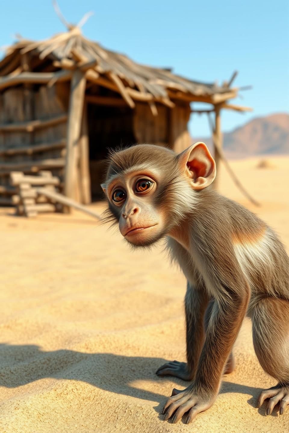 AI generated: A realistic 3D-rendered image of a monkey standing in a desert landscape, with a small hut in the background. The monkey is observing its surroundings with a curious expression. Th