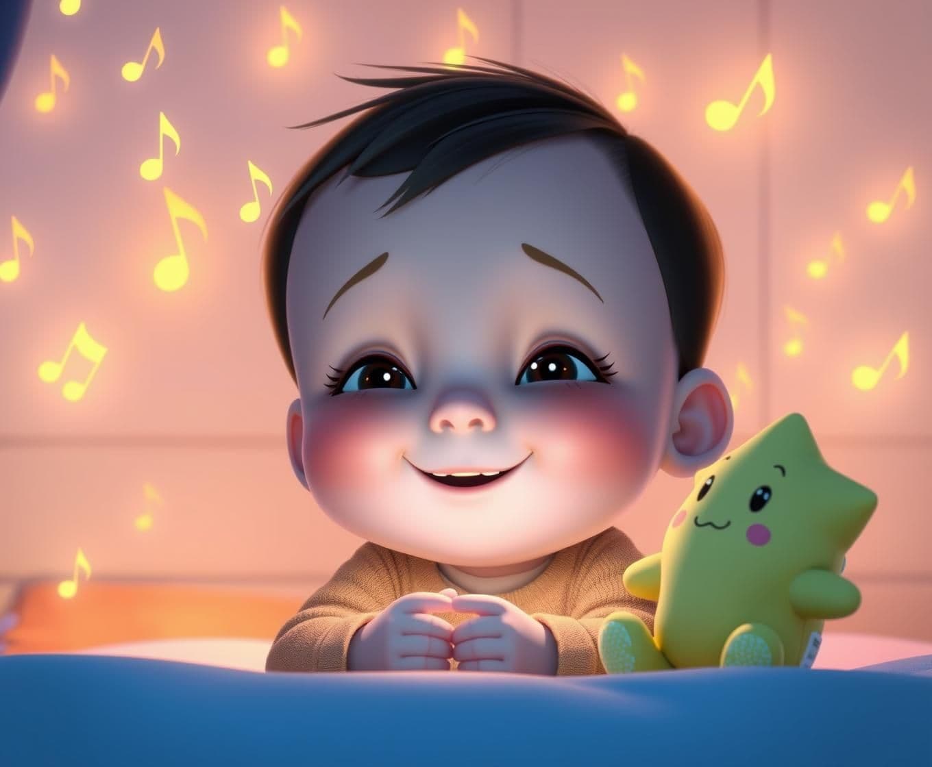 AI generated: Pixar-style animation of the toddler smiling softly as a magical golden music note floats toward them. The room fills with floating musical notes, glowing softly. A plush toy (like