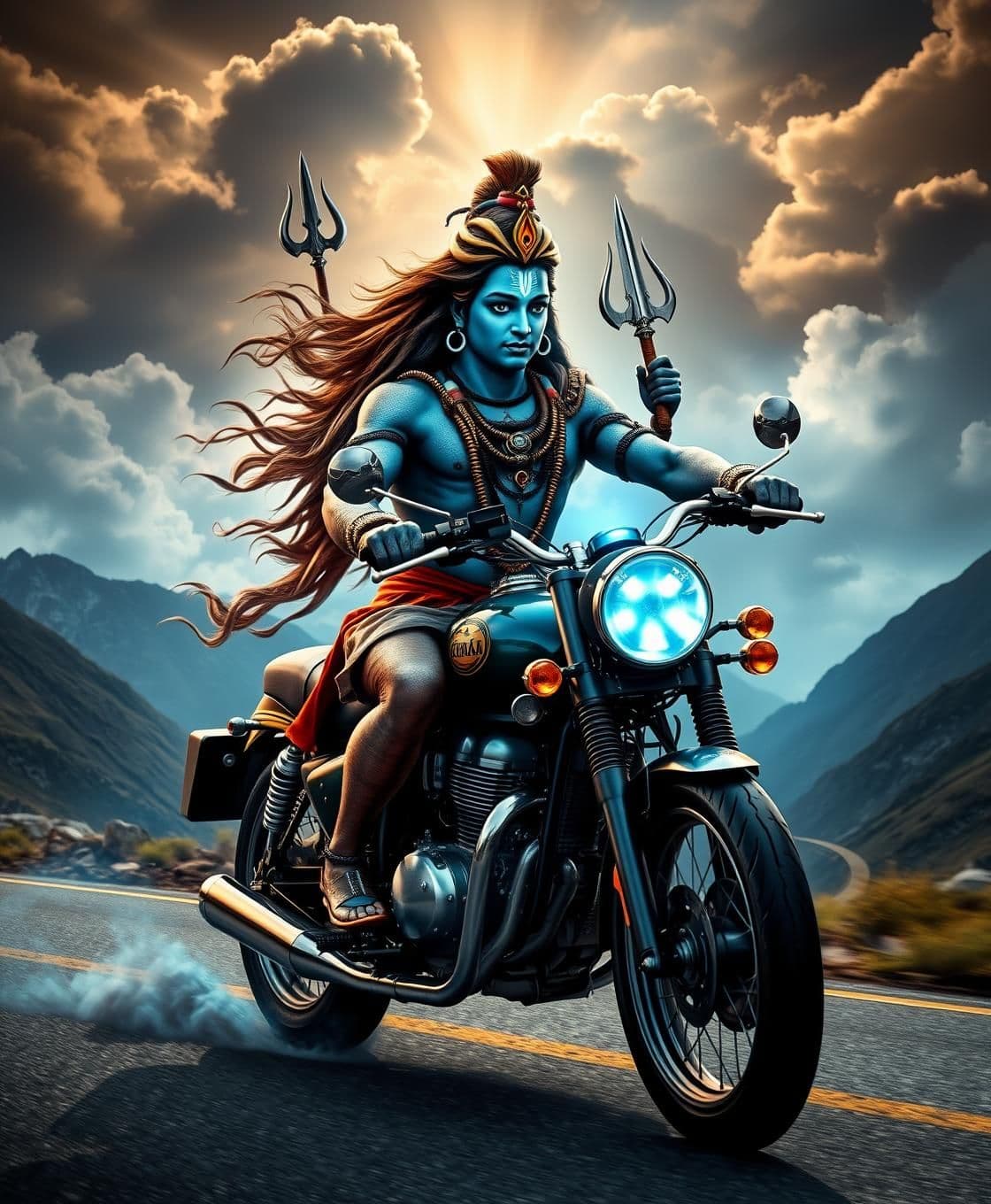 AI generated: Lord Shiva (Mahadev) riding a Royal Enfield Bullet motorcycle, divine and powerful appearance, ash-smeared body, long flowing hair, crescent moon on head, glowing third eye, blue t
