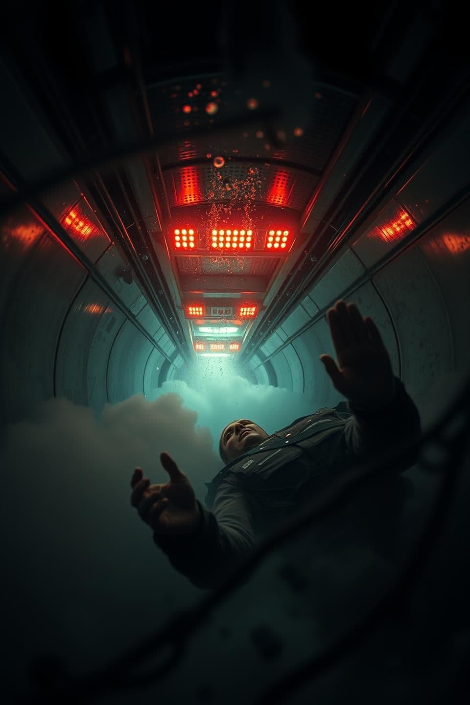 AI generated: > Underwater submarine corridor, smoke and bubbles, Aryan thrown to ground, debris floating, emergency lights flickering red, expression of pain yet determination, cinematic slow-m