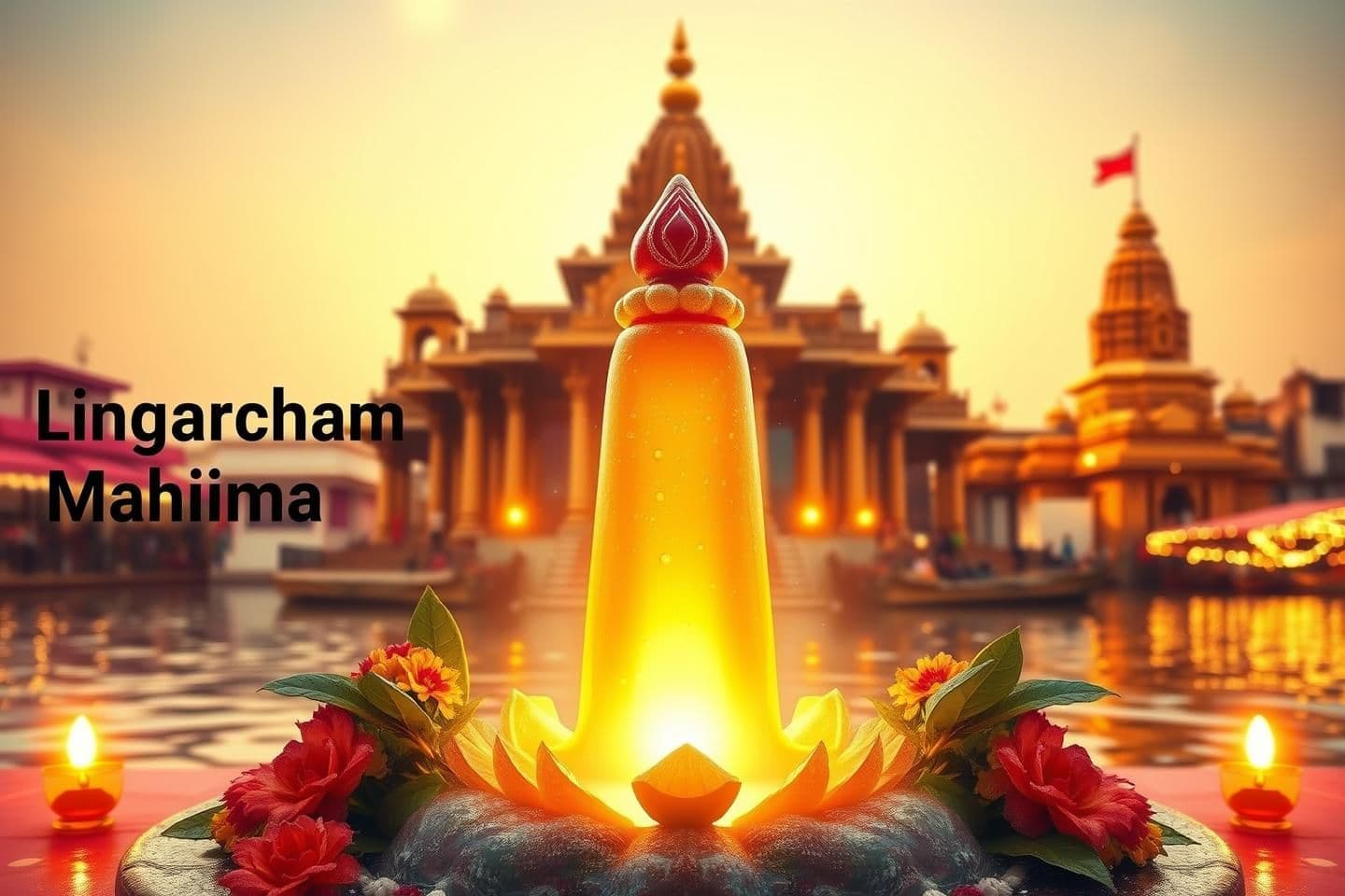 AI generated: A vibrant and divine 16:9 YouTube thumbnail depicting the sacred city of Kashi (Varanasi). In the center, a beautifully glowing Shiva Lingam decorated with flowers, bilva leaves, p